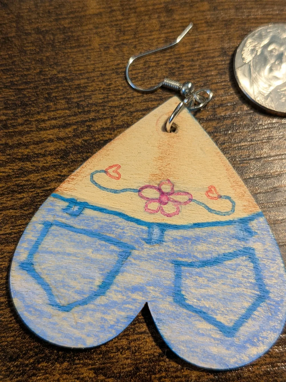 Hand-Painted Blue Denim Heart Drop Earrings - Picture 3 of 3